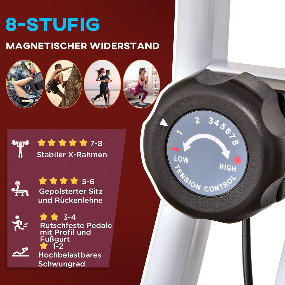 Exercise Bike Bicycle Trainer With 8 Levels Of Adjustable Magnetic Resistance, Height-Adjustable Steel Red + White 43 X 97 X 109 Cm