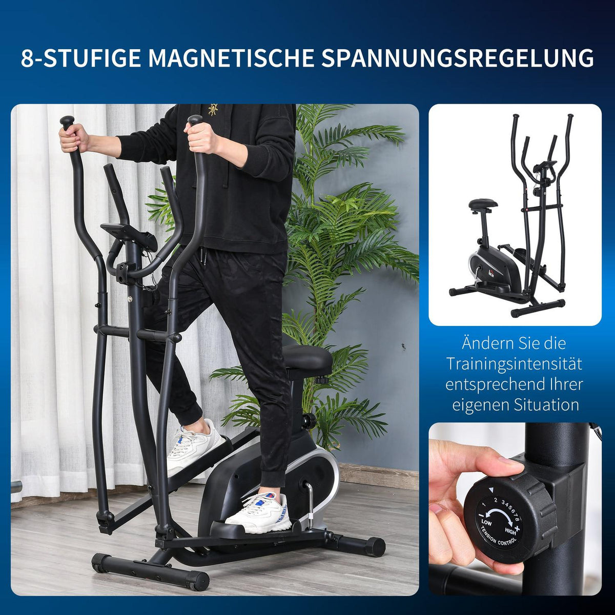 Exercise Bike Cross Trainer Elliptical Trainer With Lcd Monitor, Adjustable Seat Height, 8 Levels, 2 Wheels