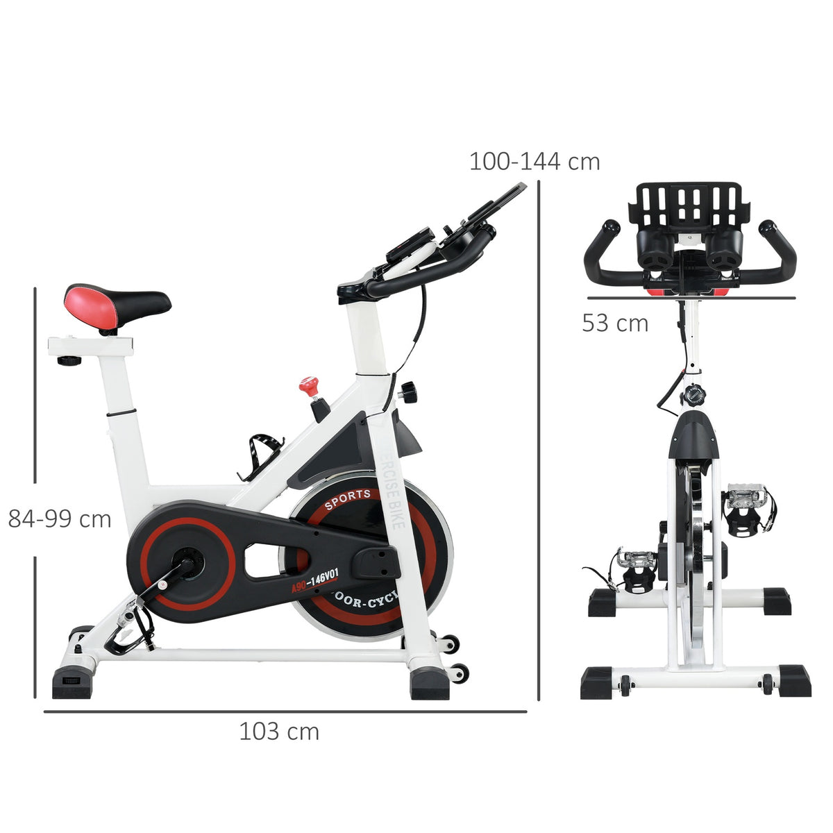 Exercise bike indoor fitness bike with LCD display, adjustable seat, wheels & cup holder, steel, white