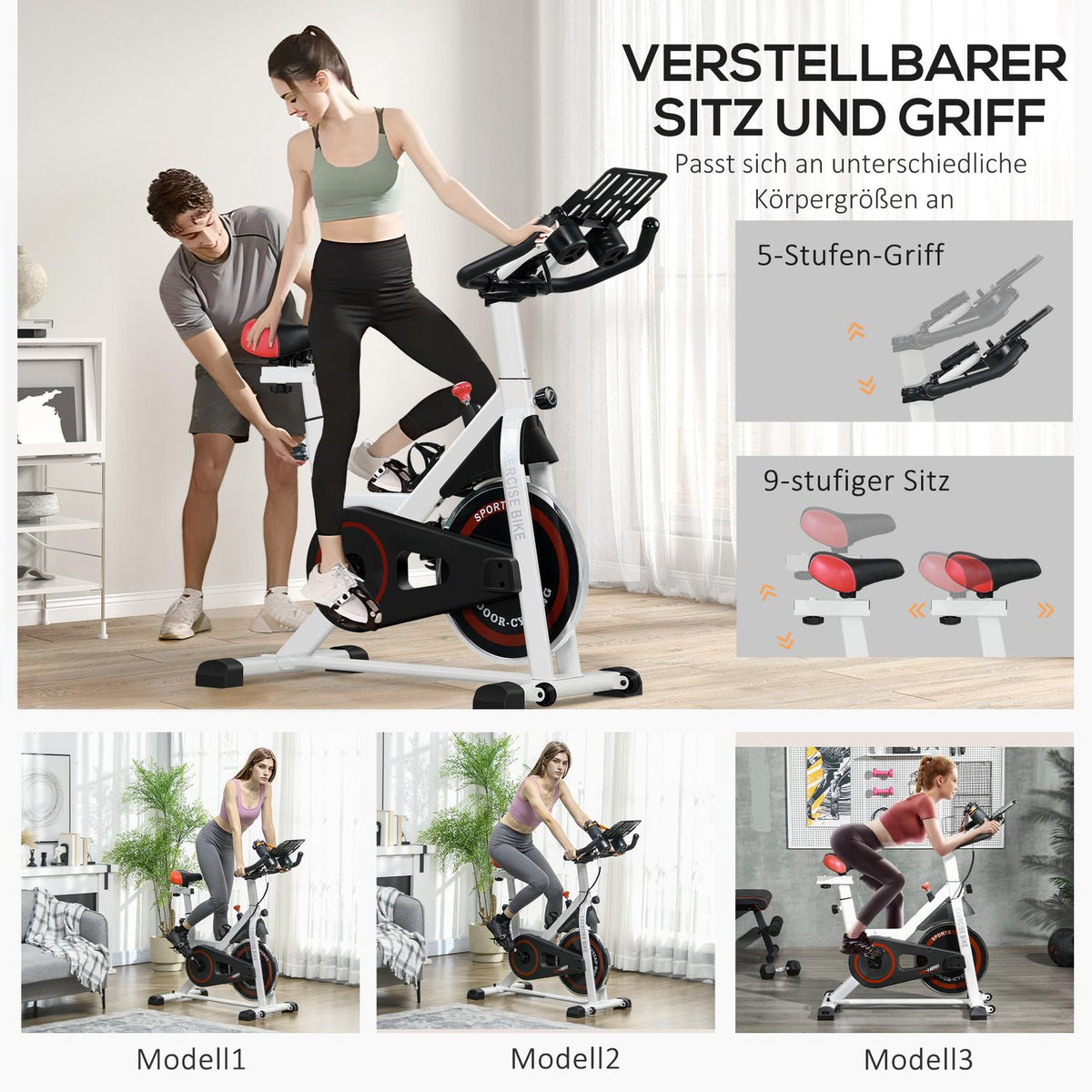 Exercise bike indoor fitness bike with LCD display, adjustable seat, wheels & cup holder, steel, white