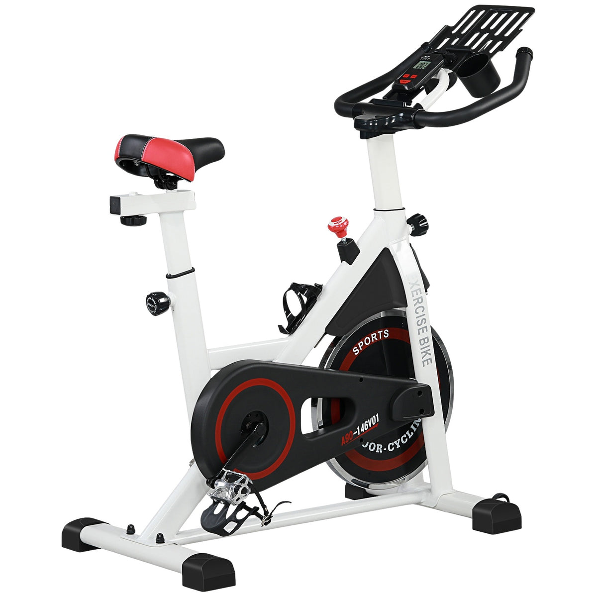 Exercise bike indoor fitness bike with LCD display, adjustable seat, wheels & cup holder, steel, white