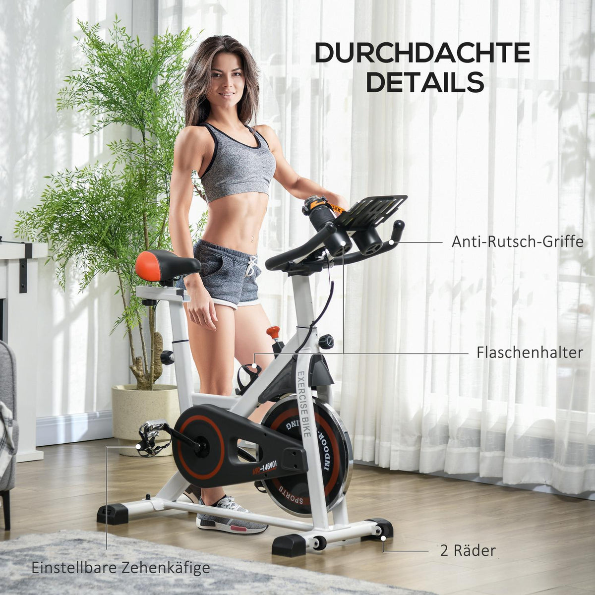 Exercise bike indoor fitness bike with LCD display, adjustable seat, wheels & cup holder, steel, white
