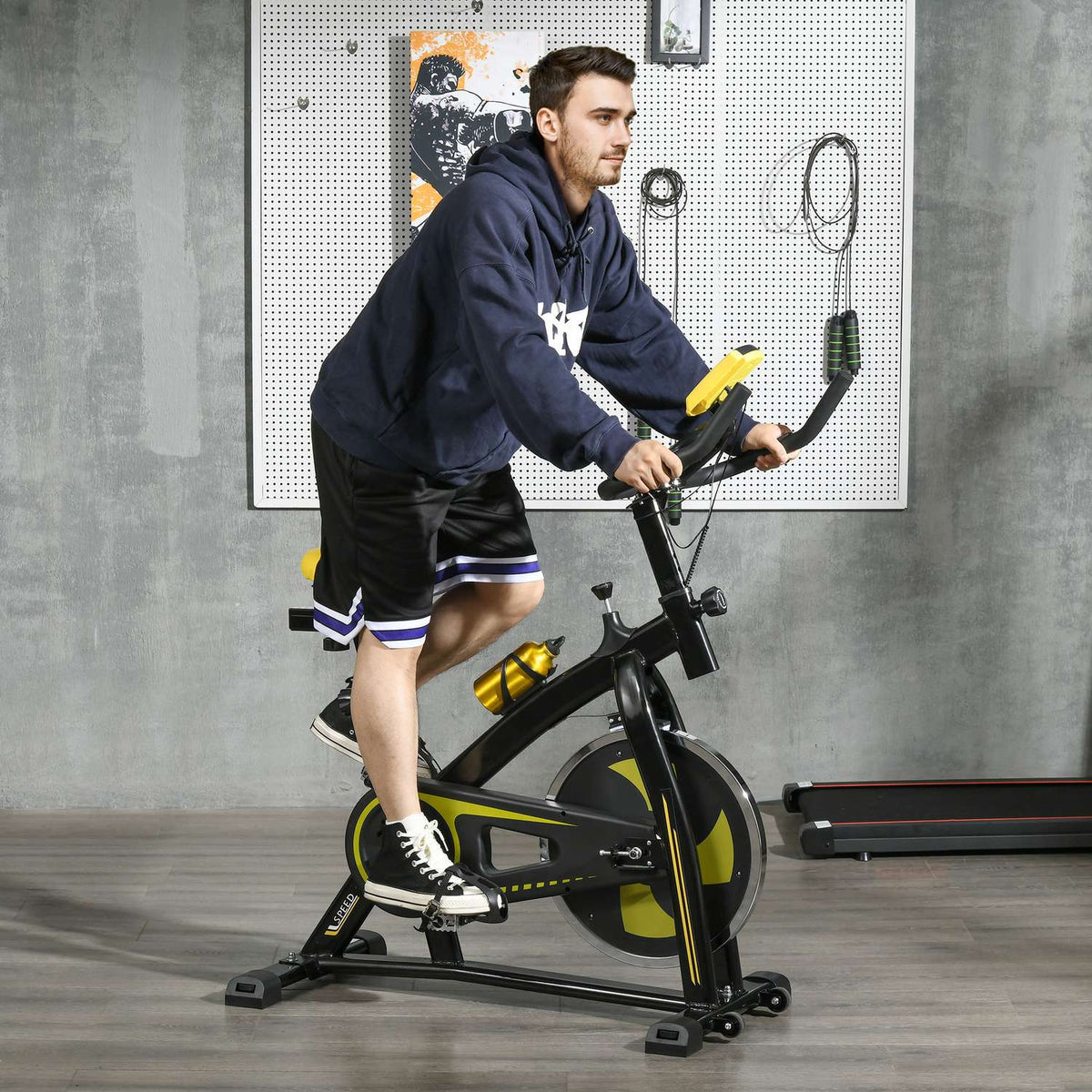 Exercise bike, quiet, adjustable resistance, heart rate sensor, monitor, yellow