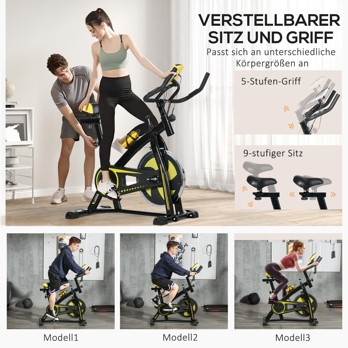 Exercise bike, quiet, adjustable resistance, heart rate sensor, monitor, yellow