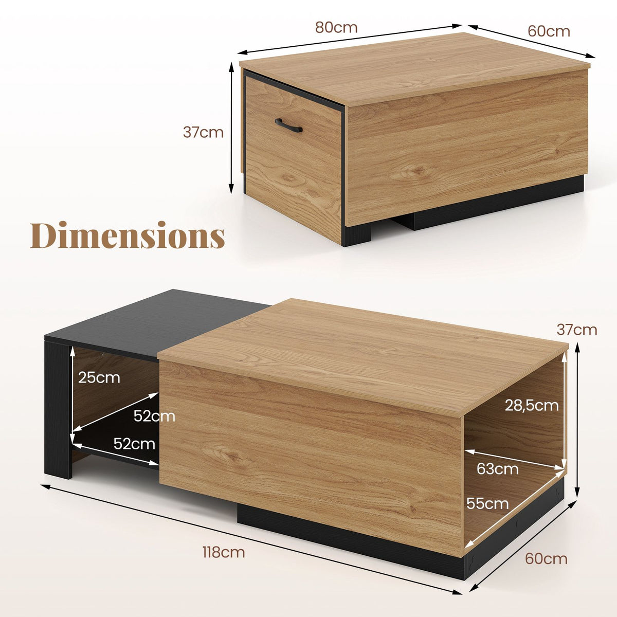 Extendable Coffee Table – Dual-Tone, 2 Storage Compartments