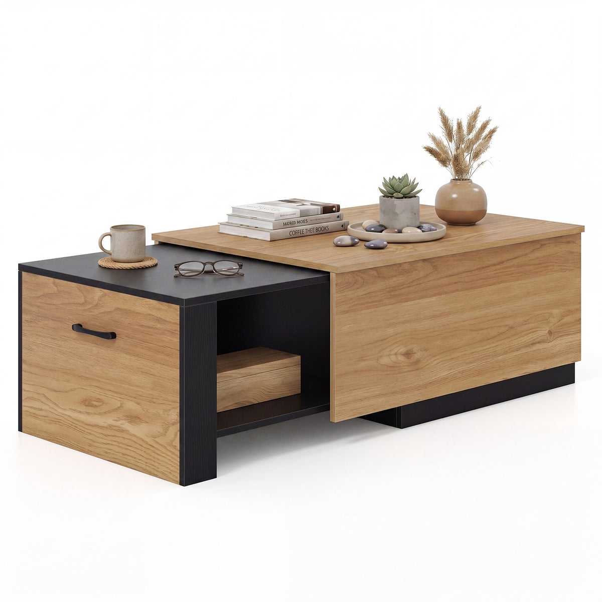 Extendable Coffee Table – Dual-Tone, 2 Storage Compartments