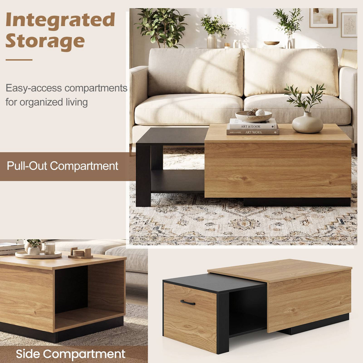 Extendable Coffee Table – Dual-Tone, 2 Storage Compartments