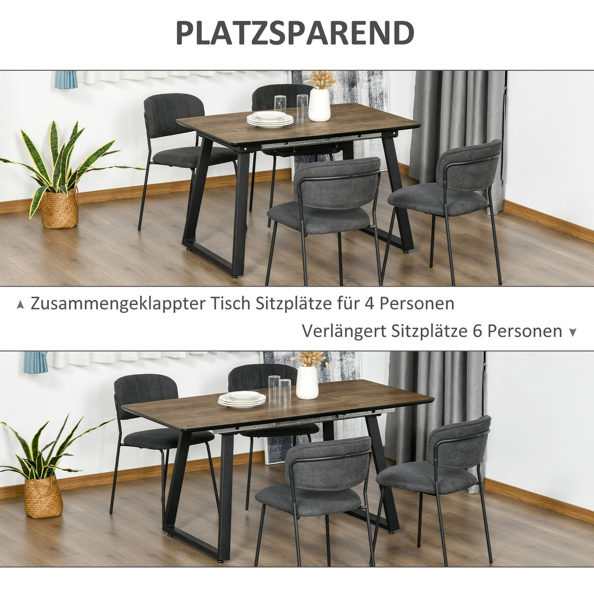 Extendable Dining Table, 120-160X80Cm, Kitchen Table, Wood Look, Dining Room Table, Metal Frame, Brown