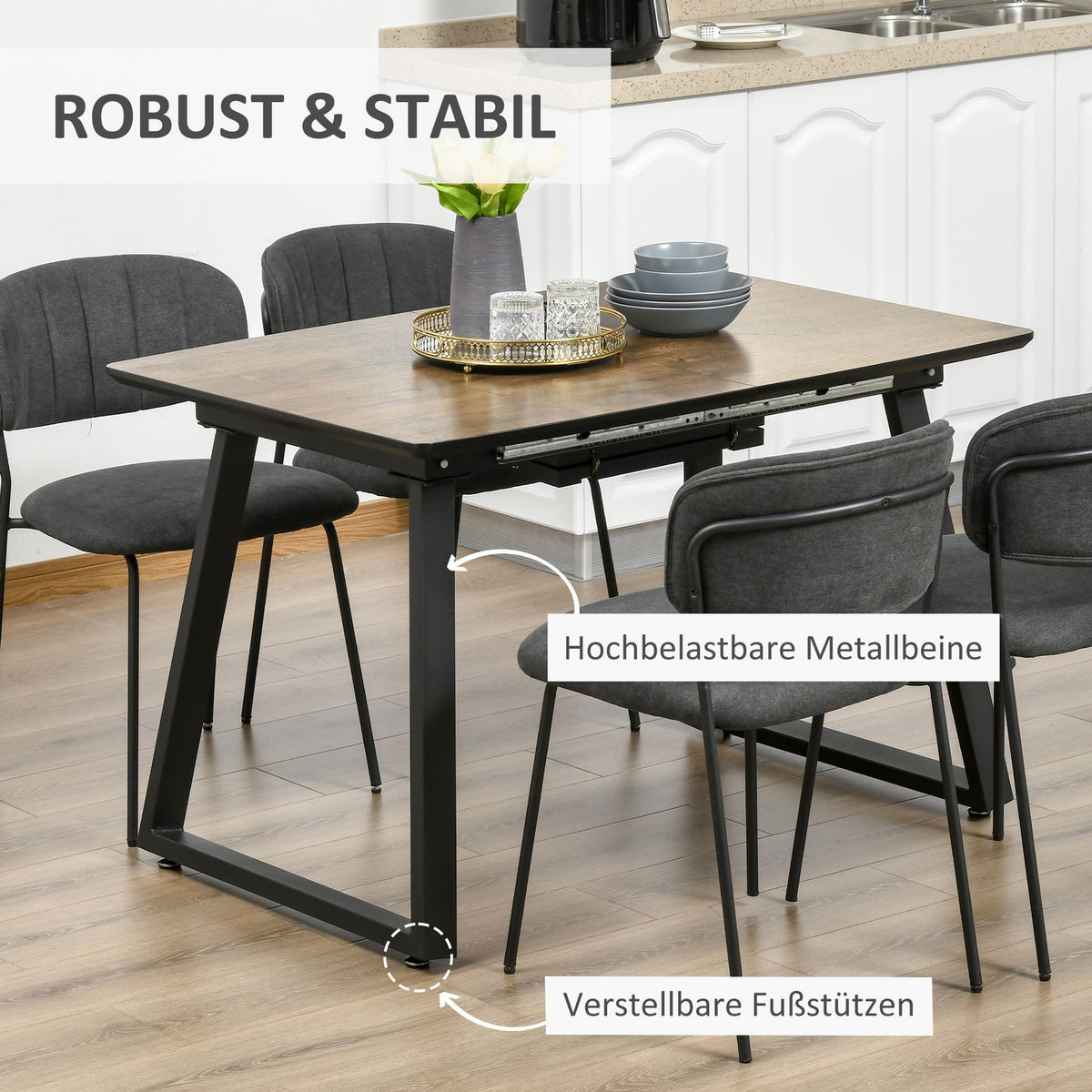 Extendable Dining Table, 120-160X80Cm, Kitchen Table, Wood Look, Dining Room Table, Metal Frame, Brown