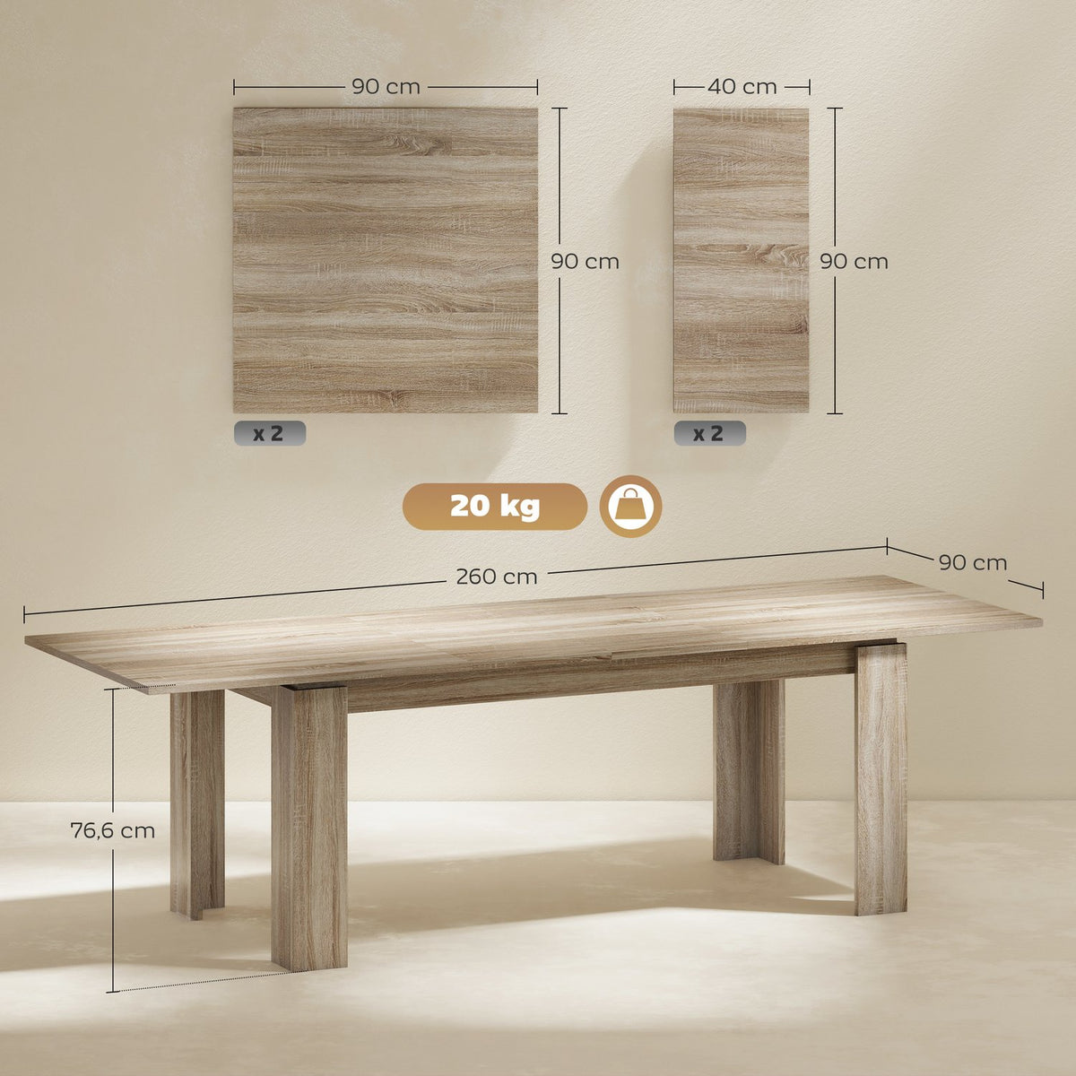Extendable Dining Table, 180-260 cm, Seats 6-10, Wood
