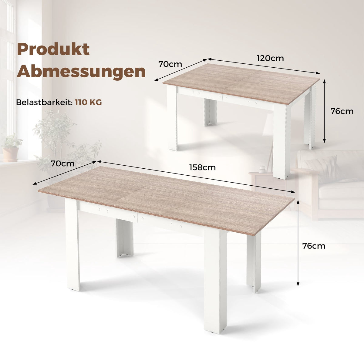 Extendable Dining Table, Adjustable Top, L-Shaped Legs, White