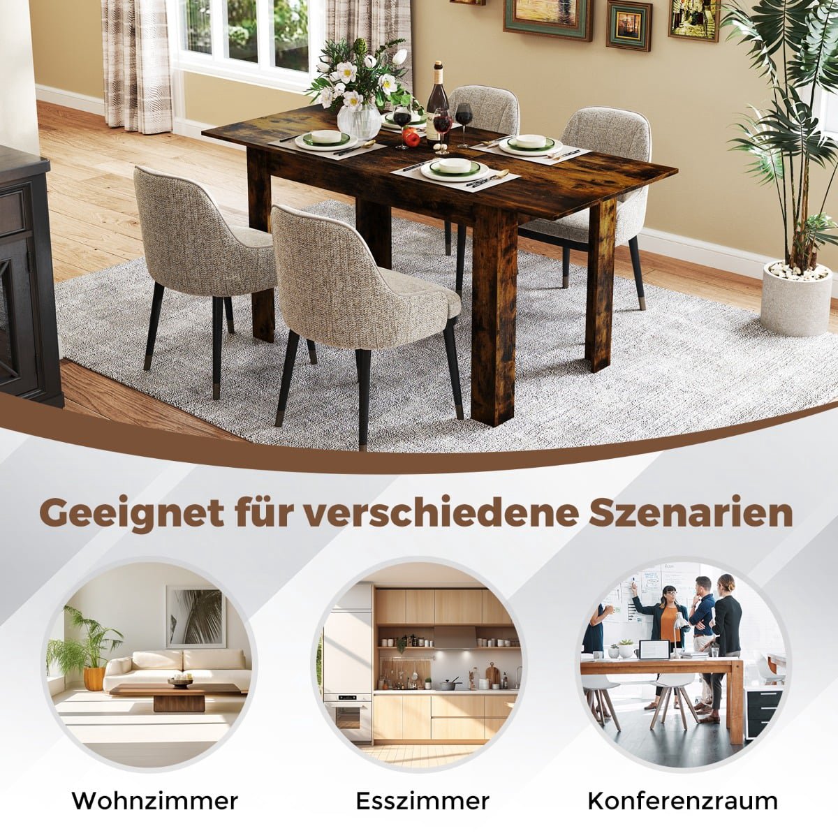Extendable Dining Table, Seats 4-6, Rustic Brown, 110kg Capacity