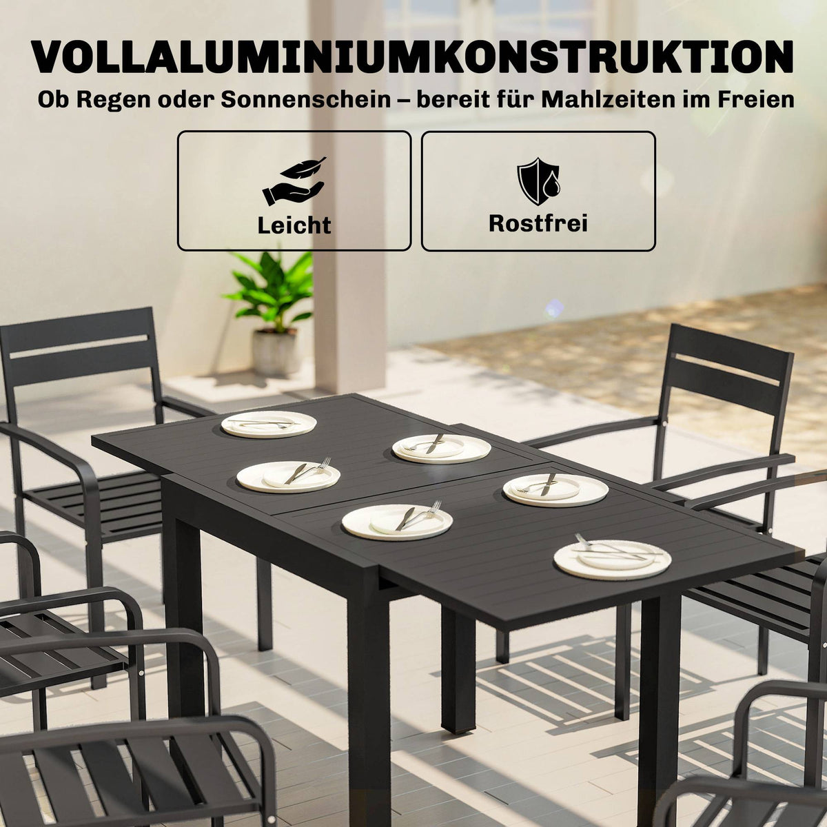 Extendable Patio Table, Aluminum, 80-160 cm, Seats 6