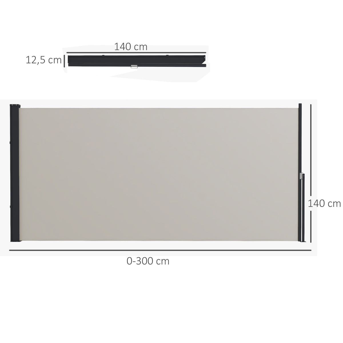 Extendable Side Awning, 300 X 140Cm Garden Awning, Privacy Screen With Uv Protection, Wind Protection, Metal, Polyester, Light Grey