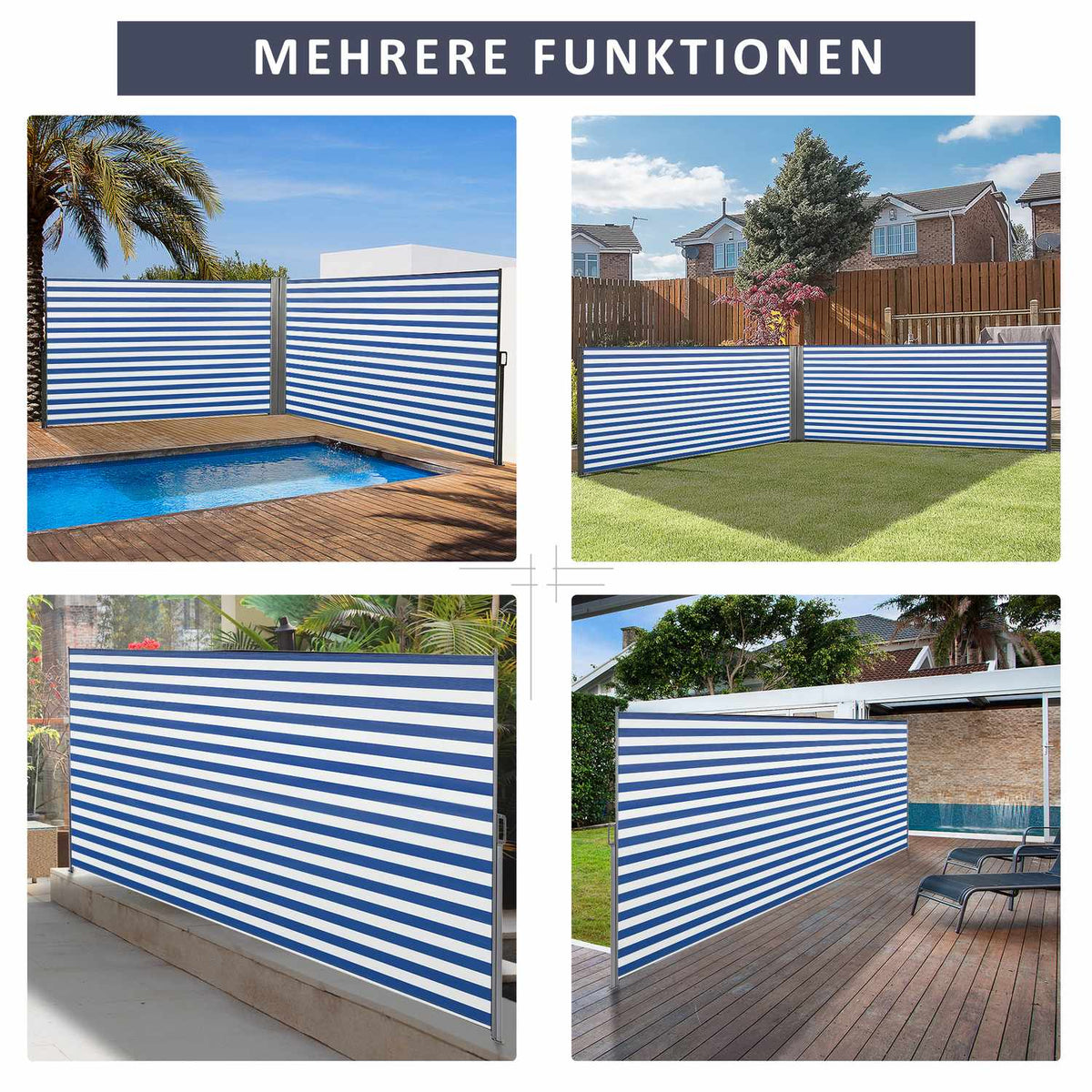 Extendable Side Awning, 300X160Cm Privacy Screen, Garden Awning With Uv Protection, Wind Protection, Polyester, Blue+White