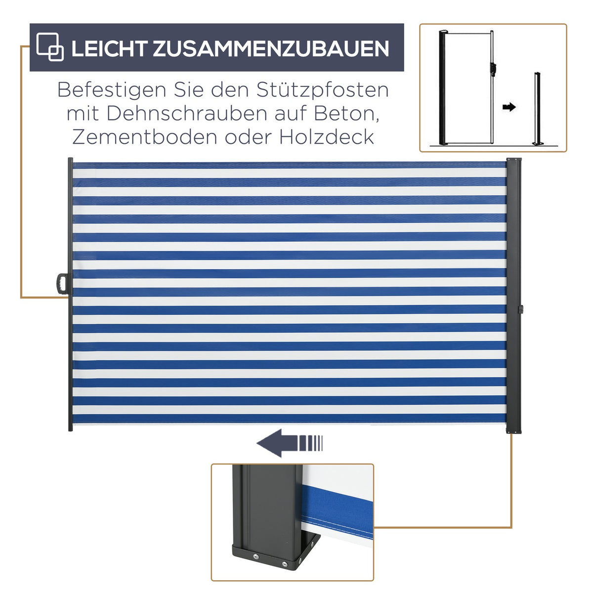 Extendable Side Awning, 300X160Cm Privacy Screen, Garden Awning With Uv Protection, Wind Protection, Polyester, Blue+White