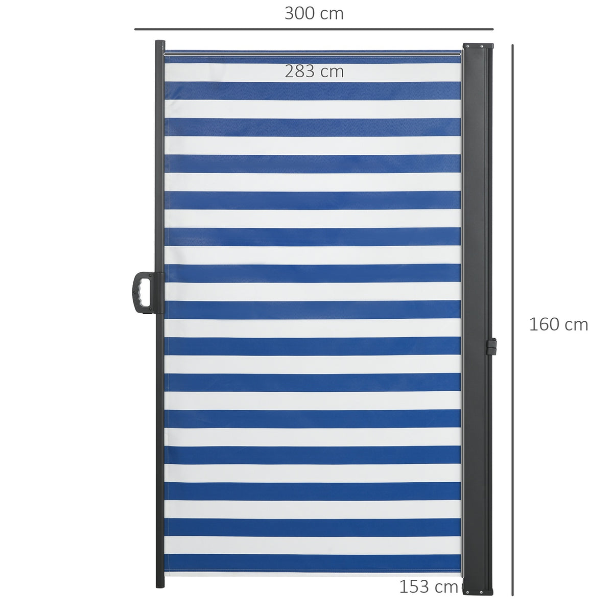 Extendable Side Awning, 300X160Cm Privacy Screen, Garden Awning With Uv Protection, Wind Protection, Polyester, Blue+White