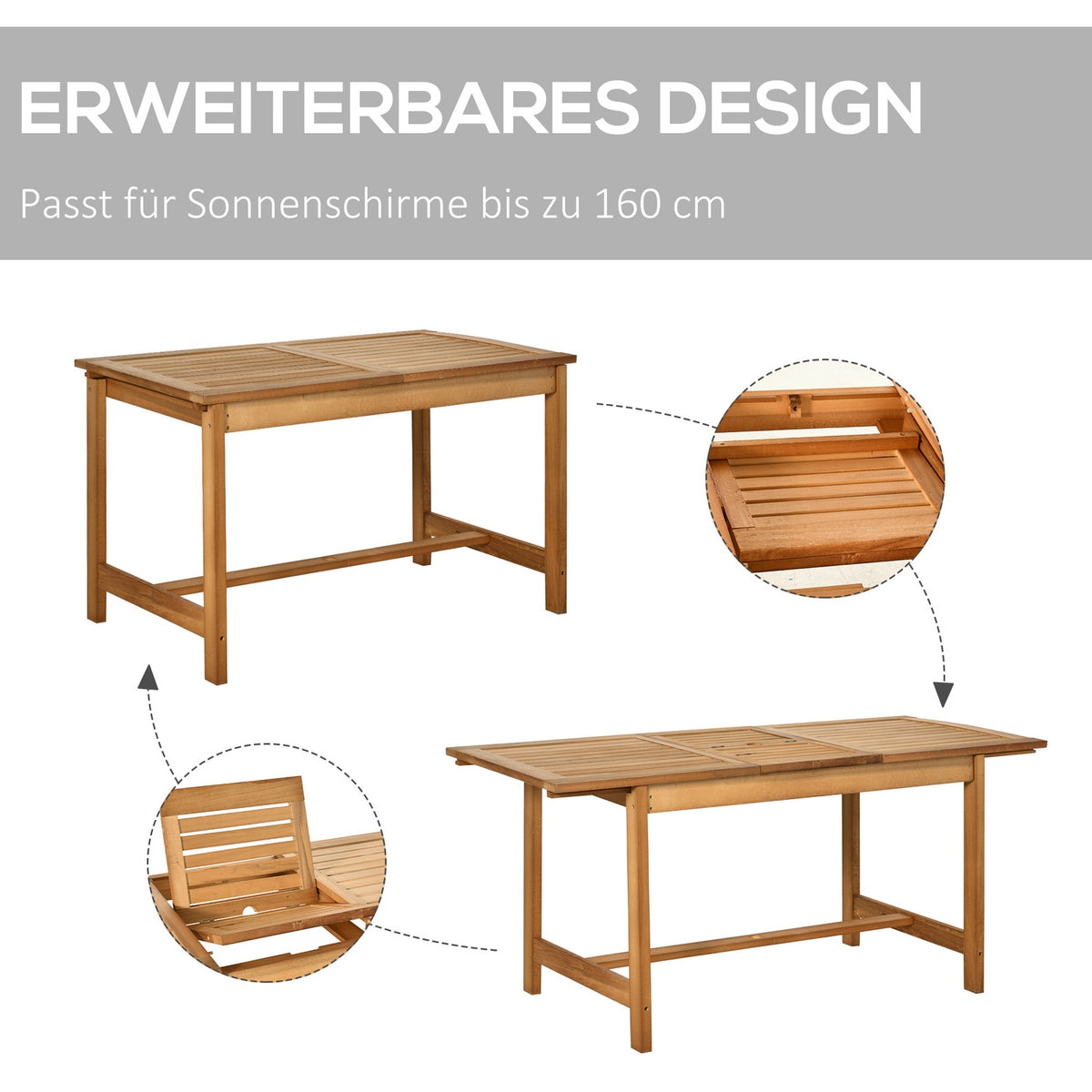 Extendable Table Weatherproof Garden Table Made Of Fir Wood, Dining Table For Garden, Extendable, Brown, 160/120X70X72Cm