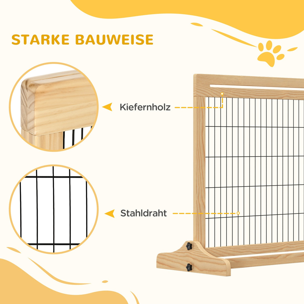 Extendable Wooden Dog Barrier Freestanding For Stairs & Doors, Natural, 202.5X76Cm