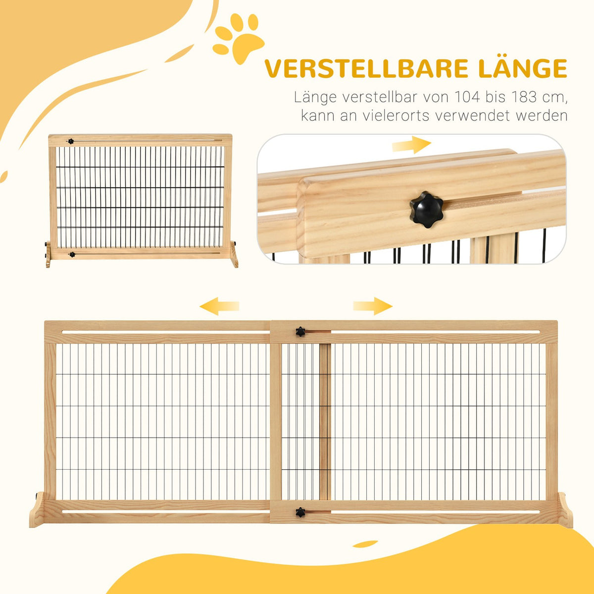 Extendable Wooden Dog Barrier Freestanding For Stairs & Doors, Natural, 202.5X76Cm