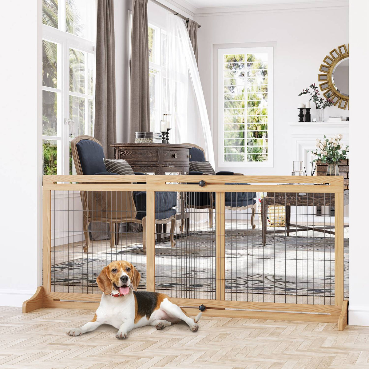 Extendable Wooden Dog Barrier Freestanding For Stairs & Doors, Natural, 202.5X76Cm