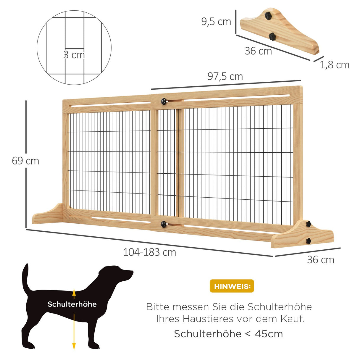 Extendable Wooden Dog Barrier Freestanding For Stairs & Doors, Natural, 202.5X76Cm