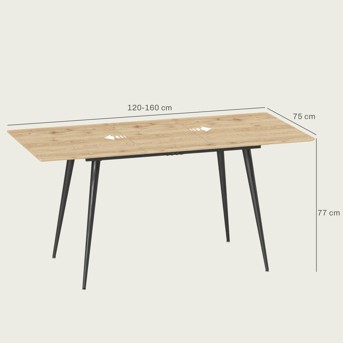 Extendable dining table 120/160 x 75 cm kitchen table for 6-8 people, modern dining room table with steel legs, natural