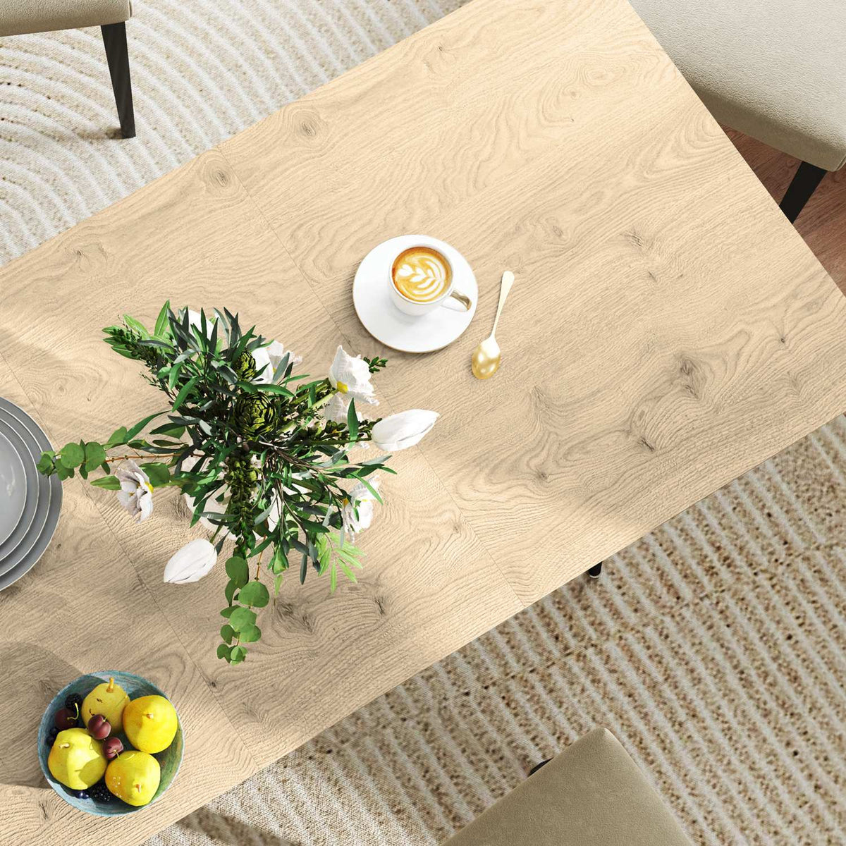 Extendable dining table 120/160 x 75 cm kitchen table for 6-8 people, modern dining room table with steel legs, natural