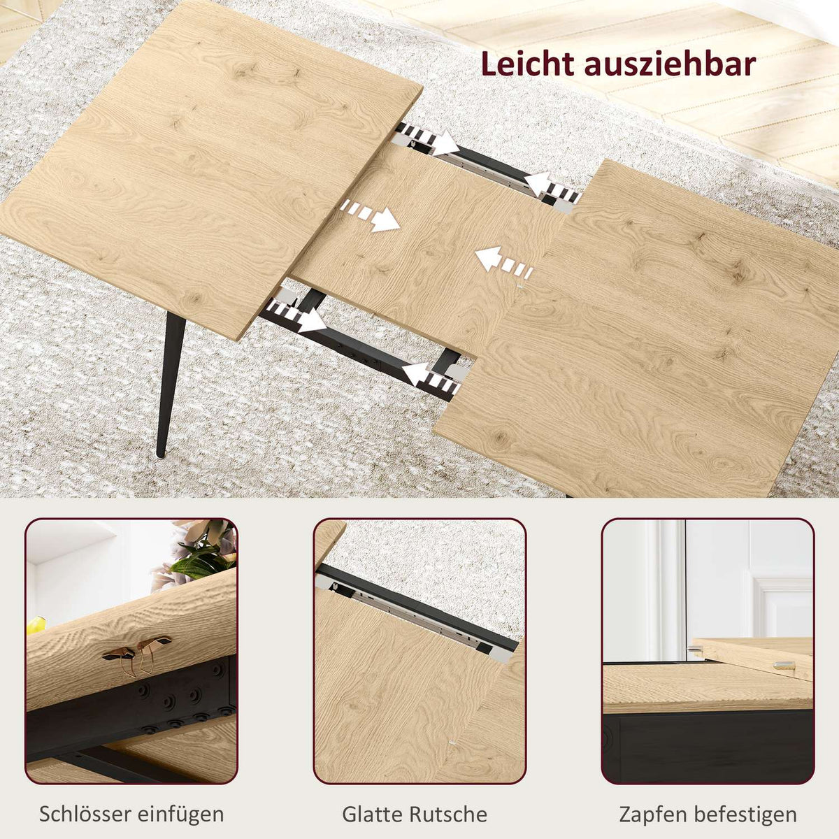 Extendable dining table 120/160 x 75 cm kitchen table for 6-8 people, modern dining room table with steel legs, natural