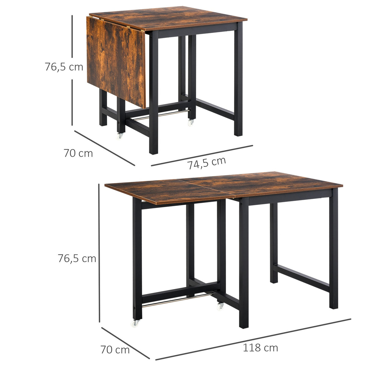 Extendable dining table, folding kitchen table with wheels, folding table made of metal, can hold up to 20 kg, for kitchen, dining room, 118 x 70 x 76.5 cm, brown