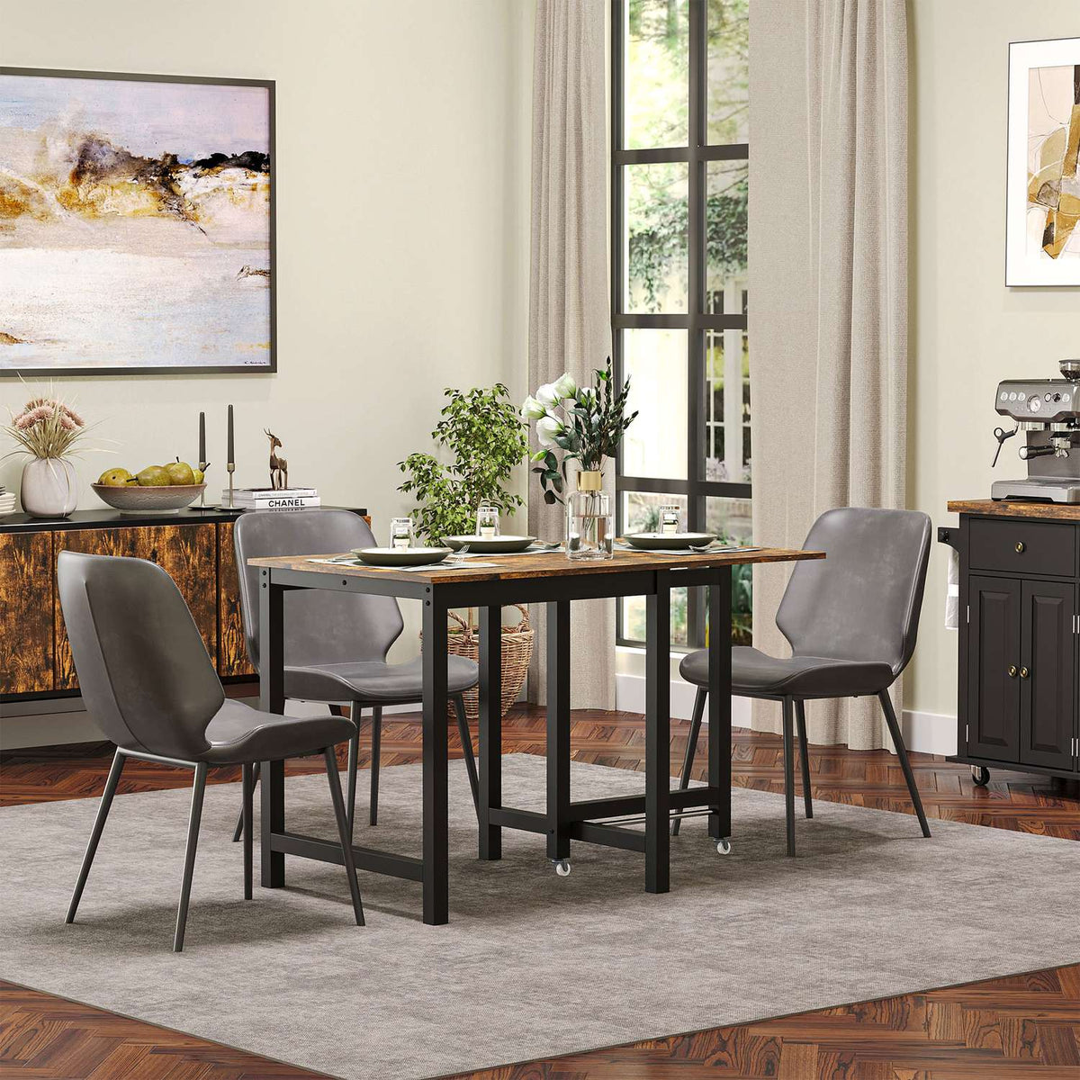 Extendable dining table, folding kitchen table with wheels, folding table made of metal, can hold up to 20 kg, for kitchen, dining room, 118 x 70 x 76.5 cm, brown