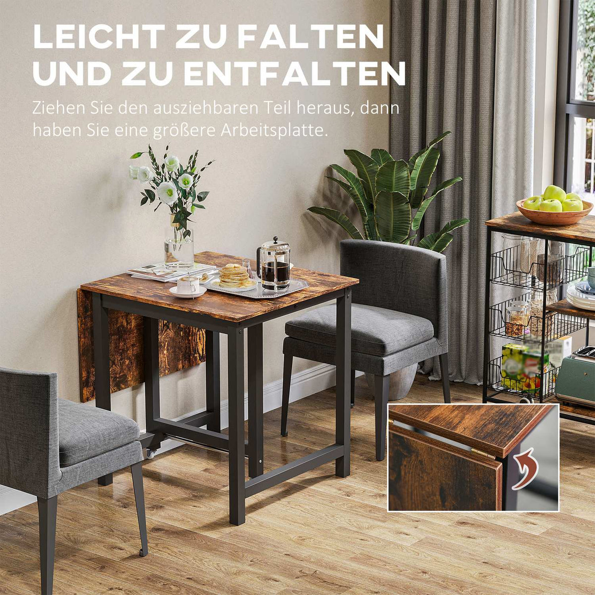Extendable dining table, folding kitchen table with wheels, folding table made of metal, can hold up to 20 kg, for kitchen, dining room, 118 x 70 x 76.5 cm, brown