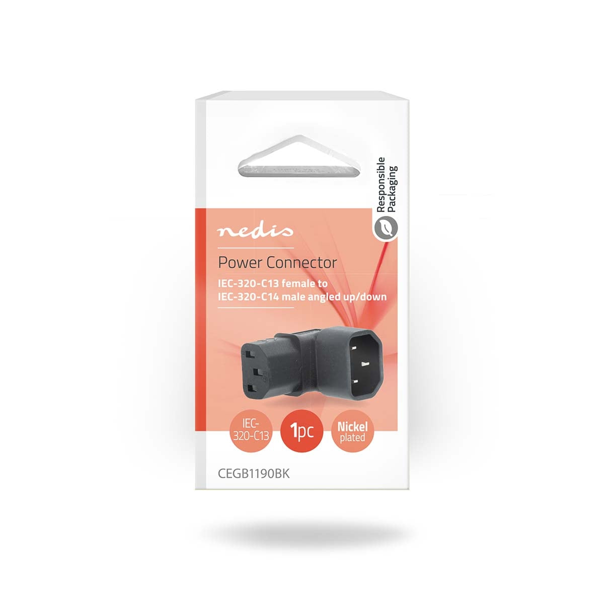 Extension Plug | IEC-320-C13 | IEC-320-C14 | Angled 90° | Nickel Plated | PVC | Black | Box | 1 pcs