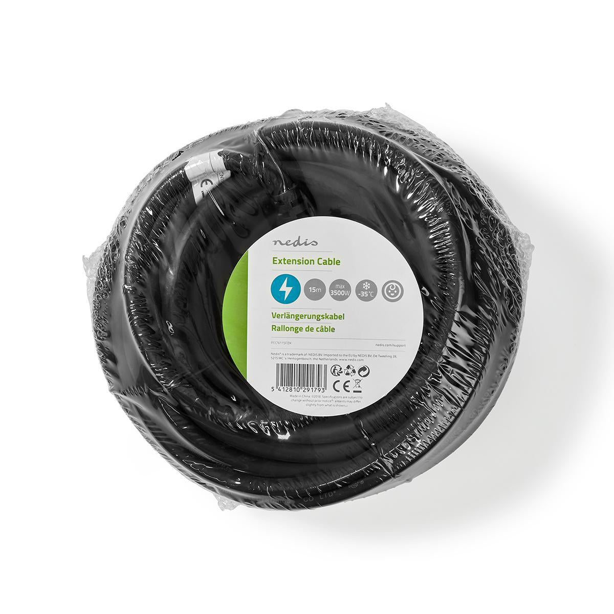 Extension cable M - F | Type F (CEE 7/7) | Grounded contact | 15.0 m | 3680 W | 250 V AC 50/60 Hz | Type of grounding: Side contact | Outlet angle: 90 ° | IP44 | H07RN-F 3G1.5 | Device output connection: 1 | Black