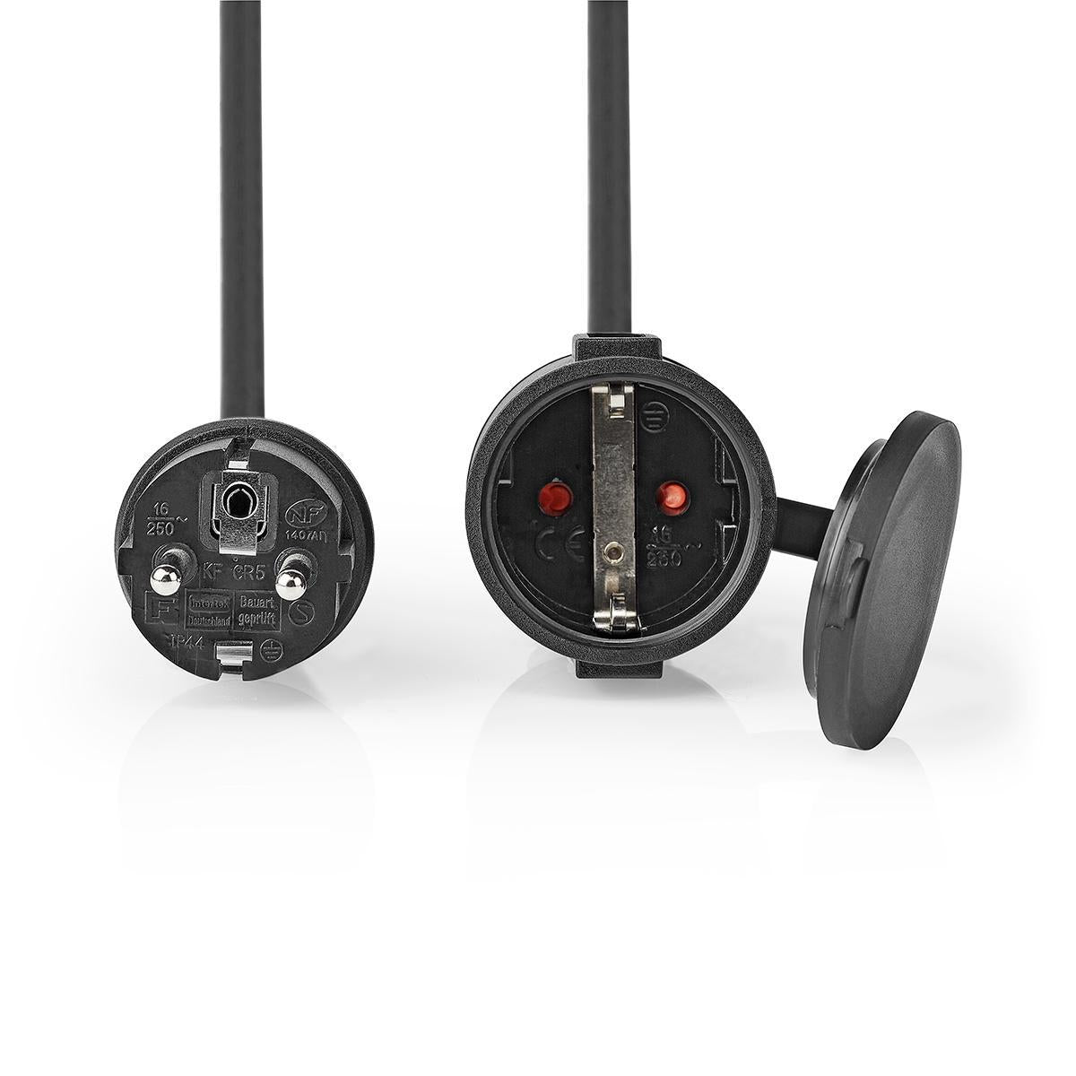 Extension cable M - F | Type F (CEE 7/7) | Grounded contact | 20.0 m | 3680 W | 250 V AC 50/60 Hz | Type of grounding: Side contact | Outlet angle: 90 ° | IP44 | H07RN-F 3G1.5 | Device output connection: 1 | Black