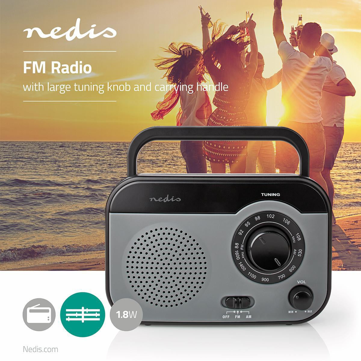 FM Radio | Portable design | AM / FM | Battery operated / Power adapter | Analog | 1.8 W| Black White Screen | Bluetooth® | Headphone jack | Carrying handle | Grey/Black