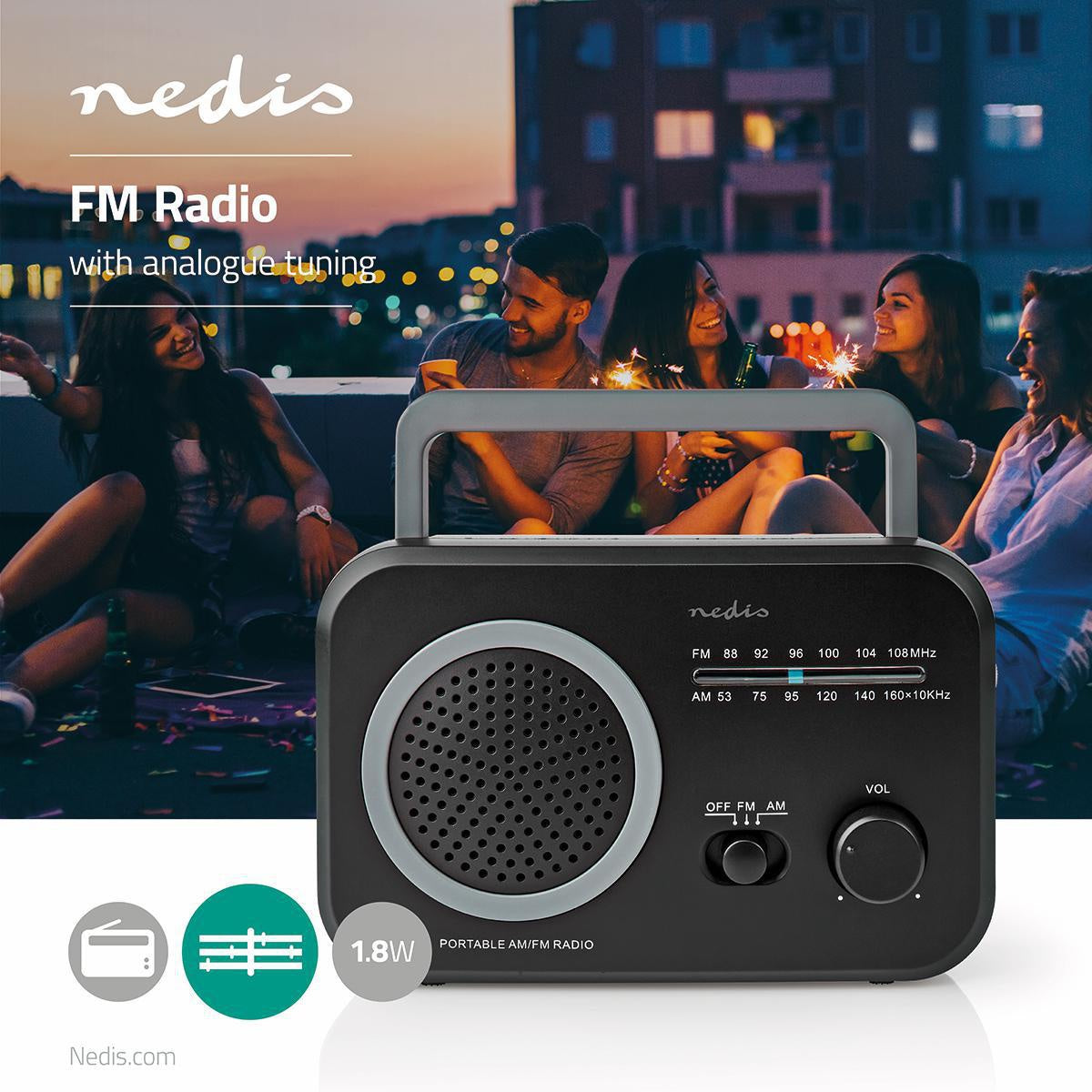 FM Radio | Portable design | AM / FM | Battery operated / Power adapter | Analog | 1.8 W| Black White Screen | Bluetooth® | Headphone jack | Carrying handle | Grey/Black