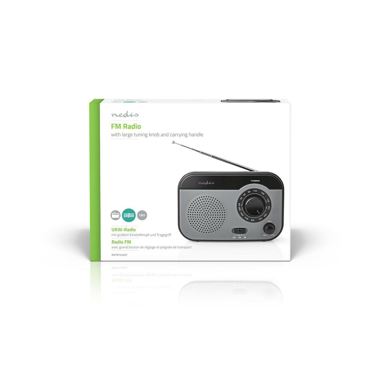 FM Radio | Portable design | AM / FM | Battery operated / Power adapter | Analog | 1.8 W| Black White Screen | Bluetooth® | Headphone jack | Carrying handle | Grey/Black