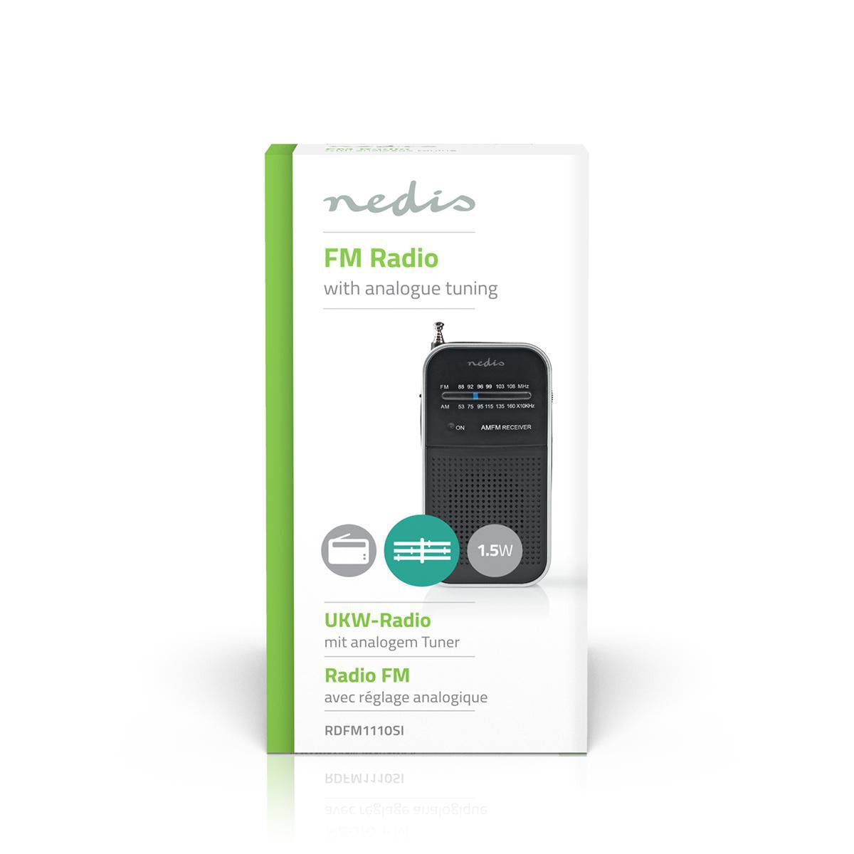 FM Radio | Portable design | AM / FM | Battery powered | Analog | 1.5 W| Black White Screen | Bluetooth® | Headphone jack | Aluminum / Black