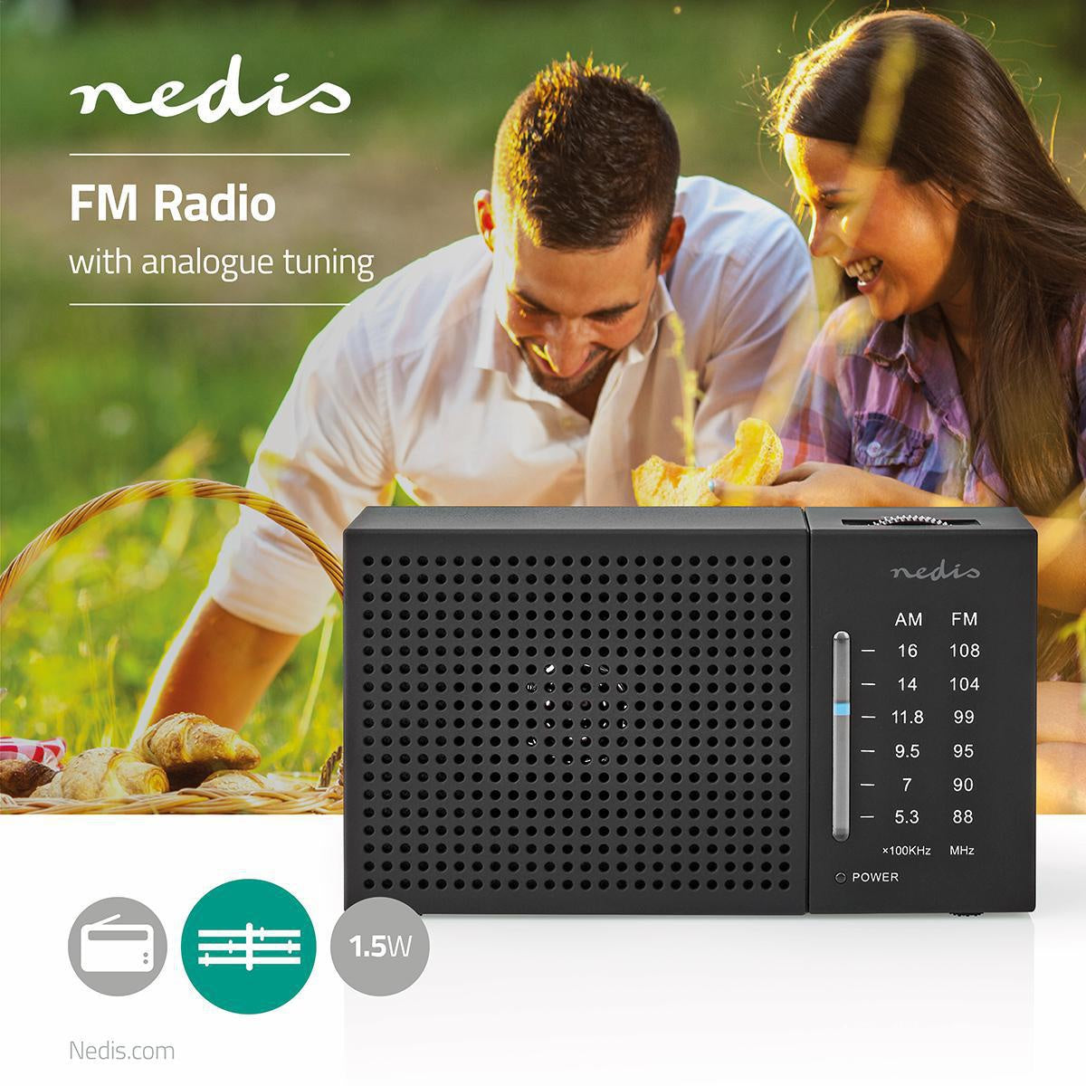 FM Radio | Portable design | AM / FM | Battery powered | Analog | 1.5 W| Black White Screen | Bluetooth® | Headphone jack | Black