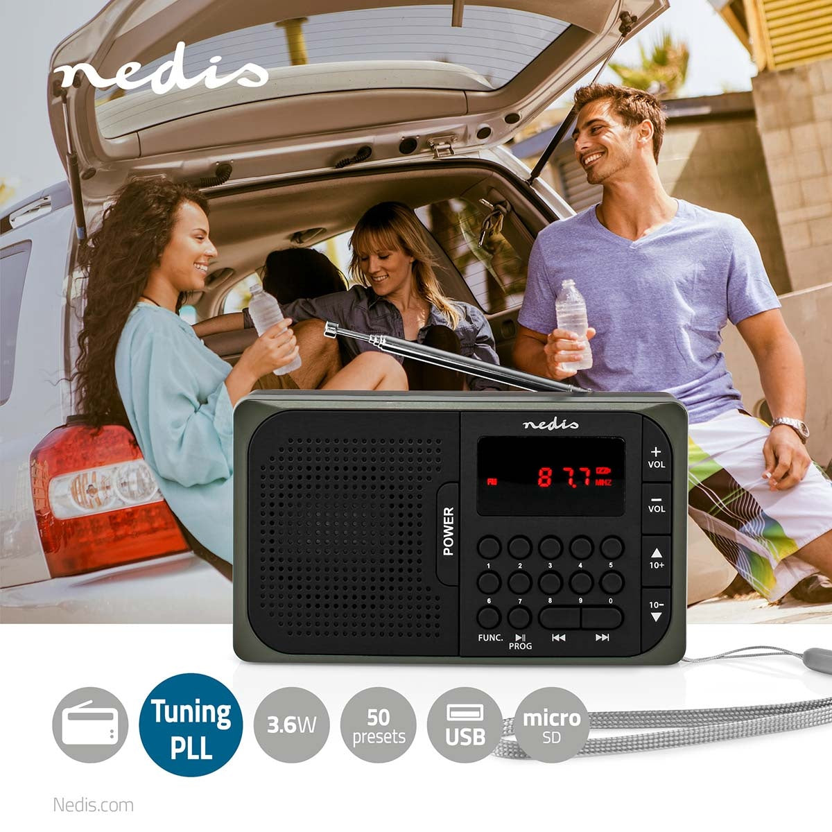 FM Radio | Portable design | FM | Battery operated / Power adapter | Digital | 3.6 W| Screen Size: 2.0 " | Black White Screen | Headphone Jack | Gray / Black