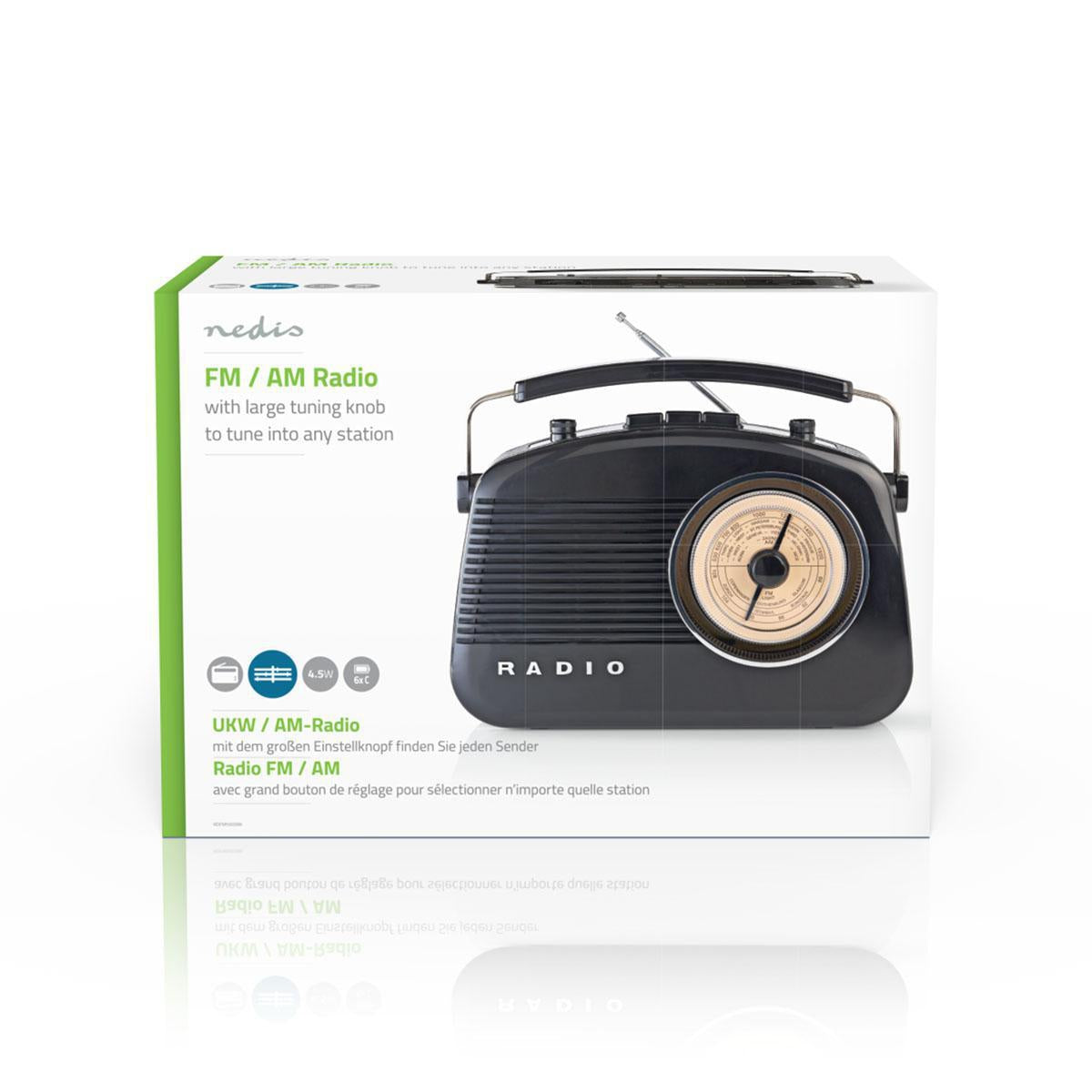 FM Radio | Table Design | AM / FM | Battery operated / Power adapter | Analog | 4.5 W| Carrying handle | Black