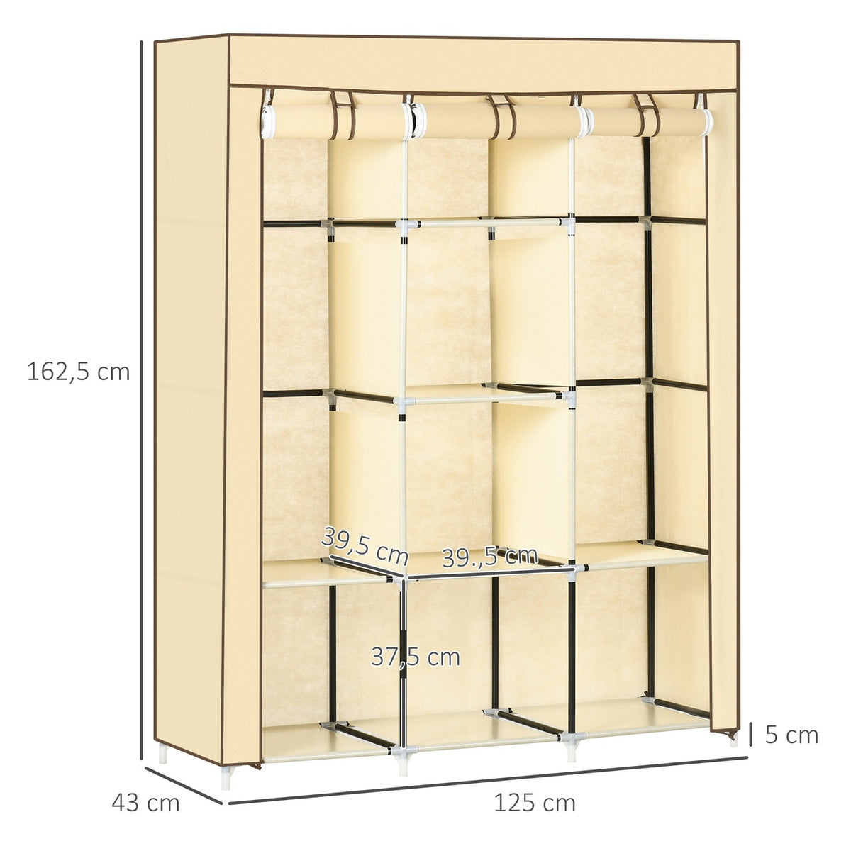 Fabric Closet Wardrobe With Clothes Rails, 8 Levels, Folding Cabinet, Non-Woven Fabric, Beige, 125X43X162.5Cm