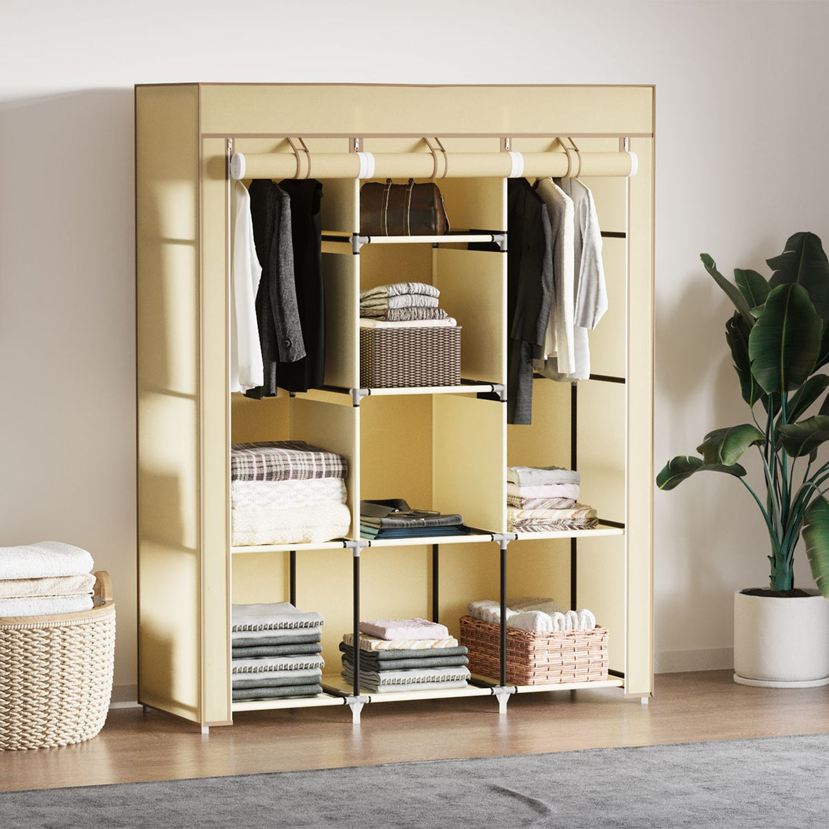 Fabric Closet Wardrobe With Clothes Rails, 8 Levels, Folding Cabinet, Non-Woven Fabric, Beige, 125X43X162.5Cm
