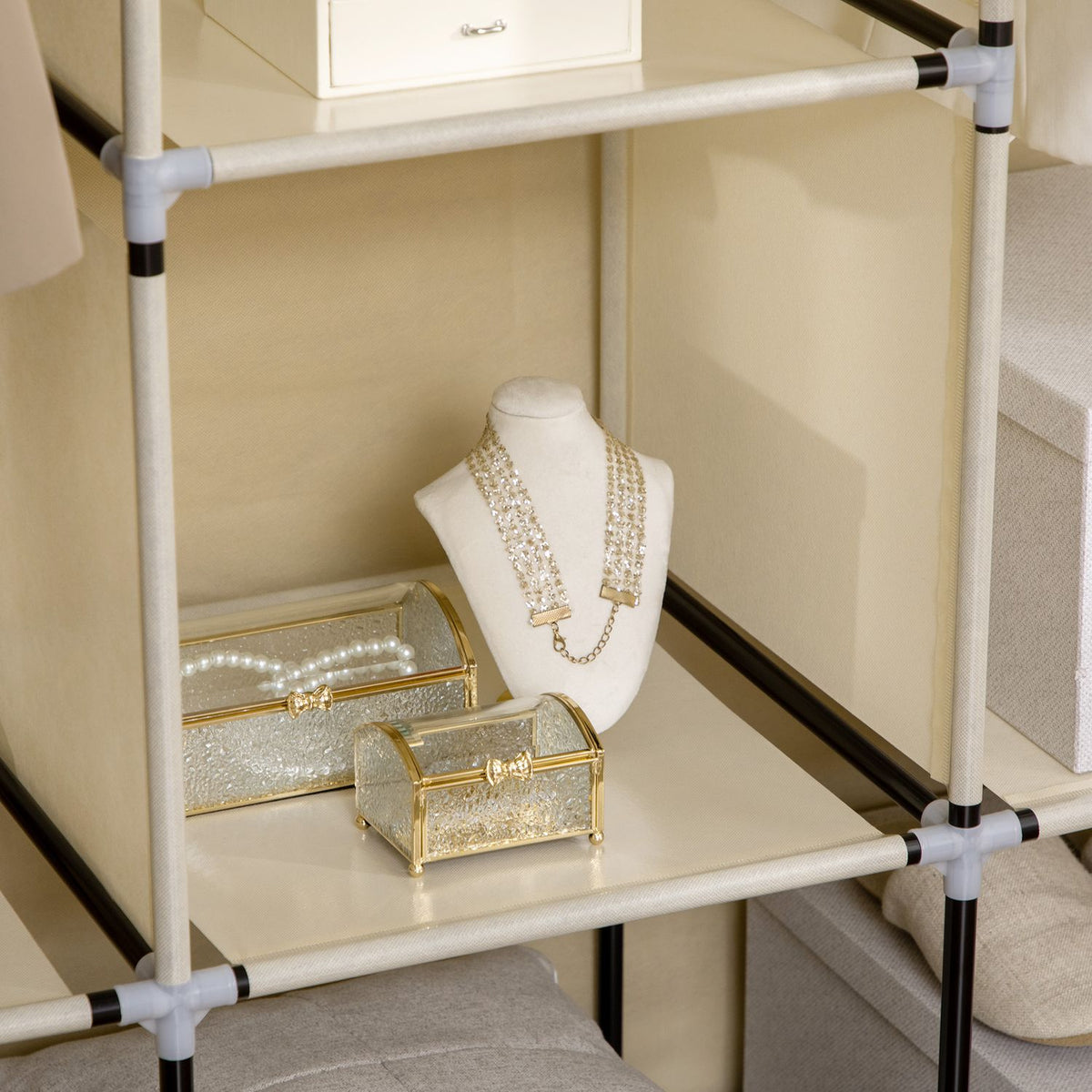 Fabric Closet Wardrobe With Clothes Rails, 8 Levels, Folding Cabinet, Non-Woven Fabric, Beige, 125X43X162.5Cm