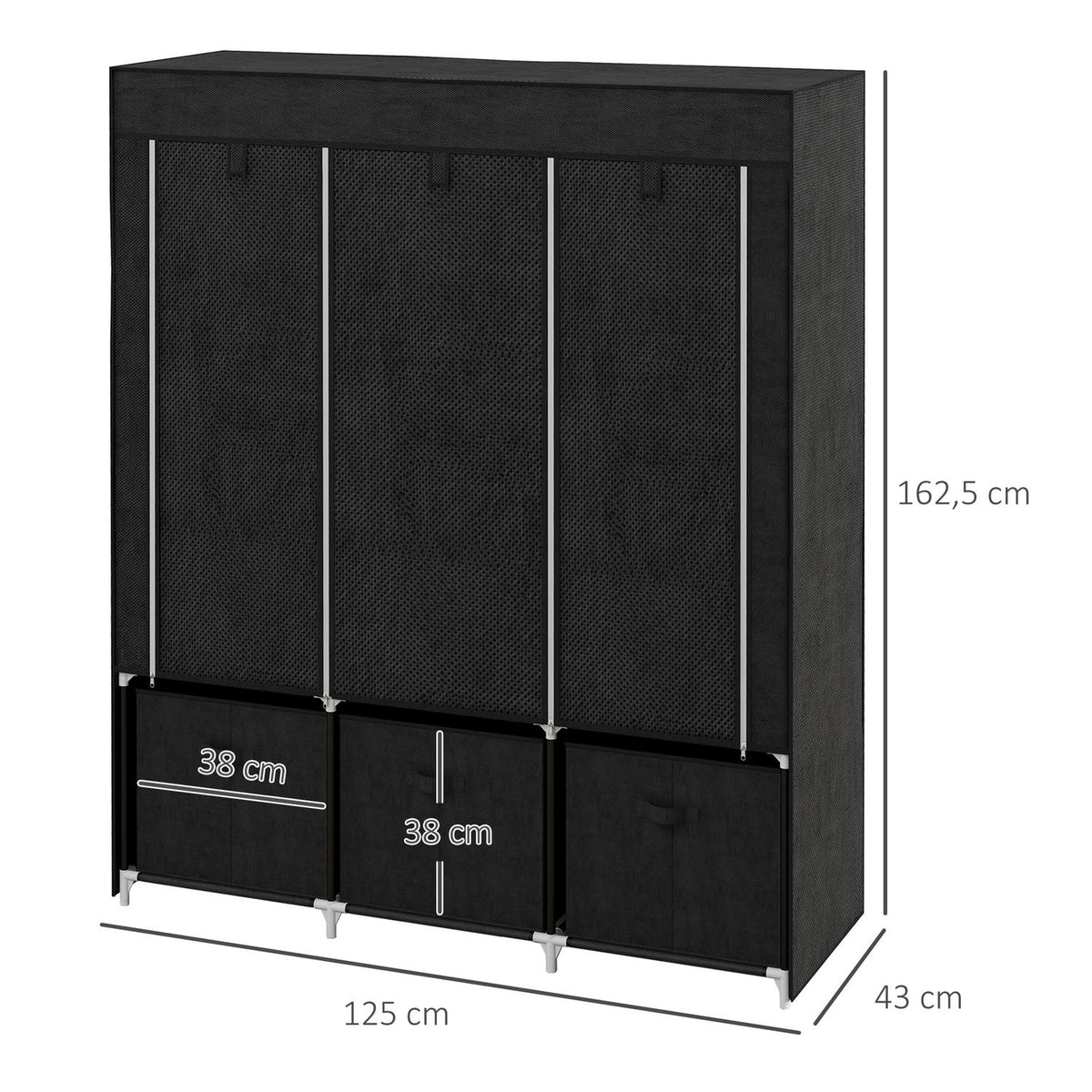 Fabric Closet Wardrobe With Clothes Rails And Drawers, Folding Cabinet, Zipper, Non-Woven Fabric, Black