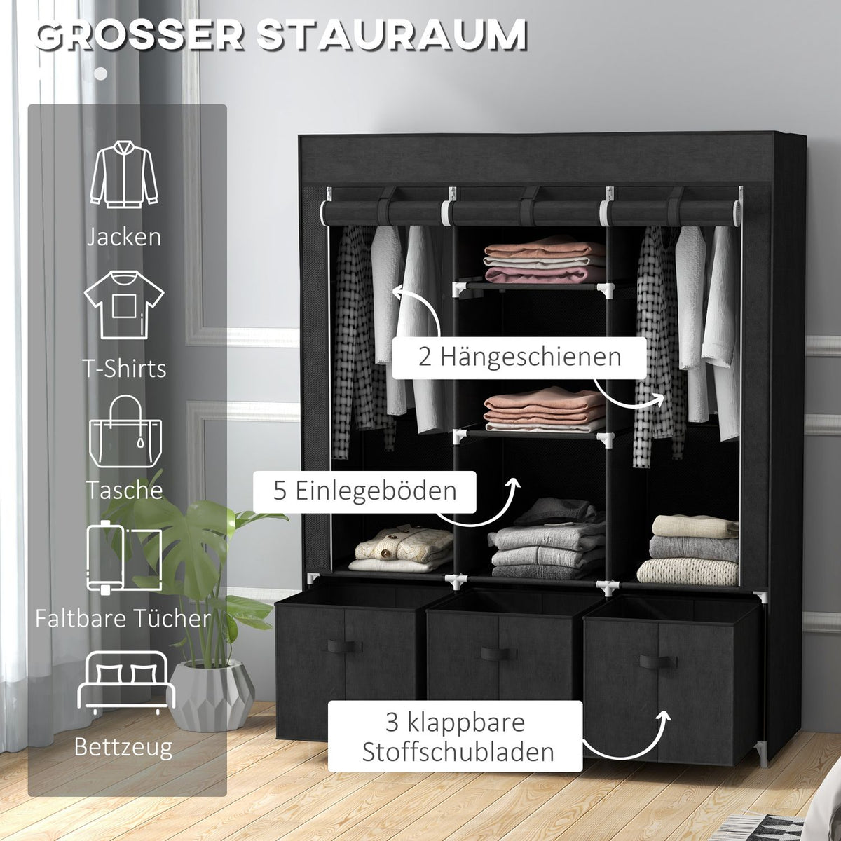 Fabric Closet Wardrobe With Clothes Rails And Drawers, Folding Cabinet, Zipper, Non-Woven Fabric, Black