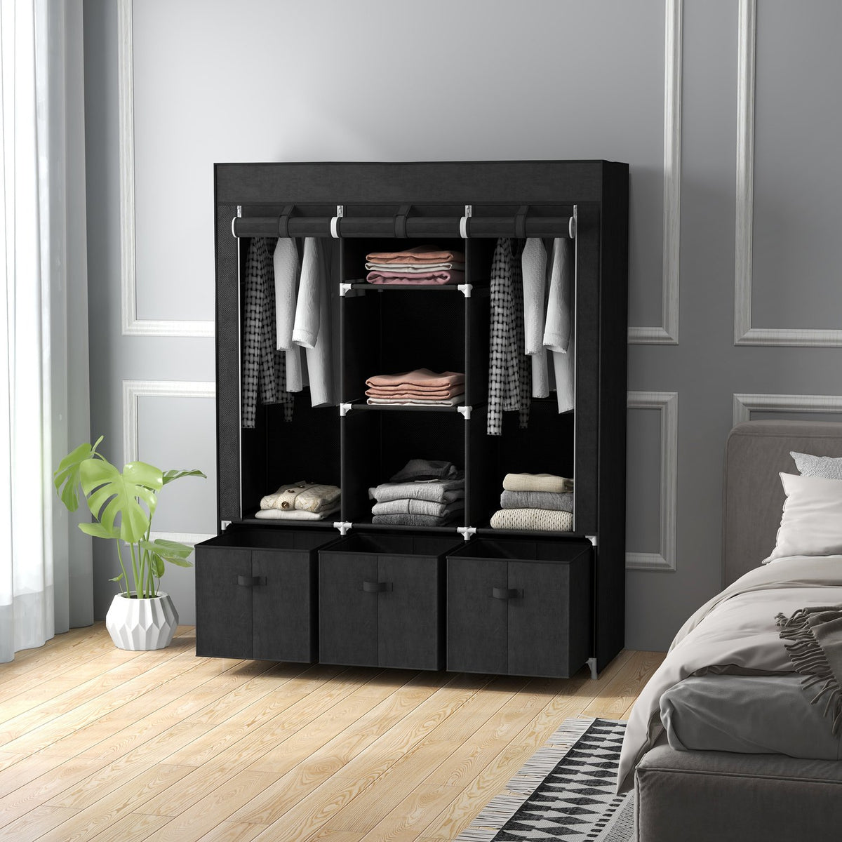 Fabric Closet Wardrobe With Clothes Rails And Drawers, Folding Cabinet, Zipper, Non-Woven Fabric, Black