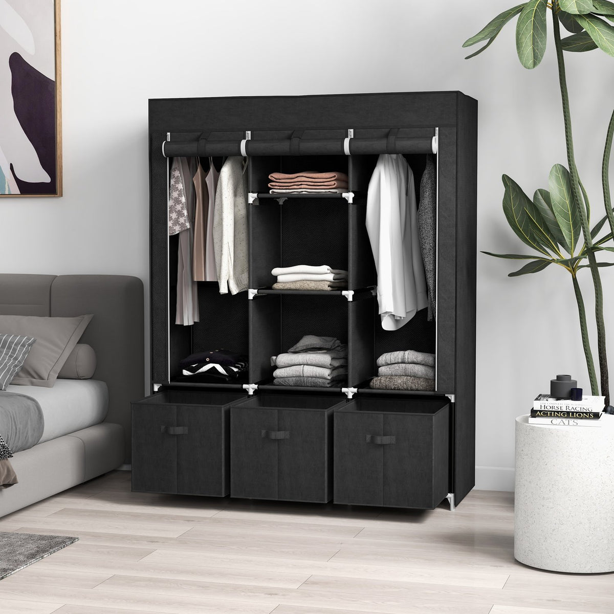 Fabric Closet Wardrobe With Clothes Rails And Drawers, Folding Cabinet, Zipper, Non-Woven Fabric, Black