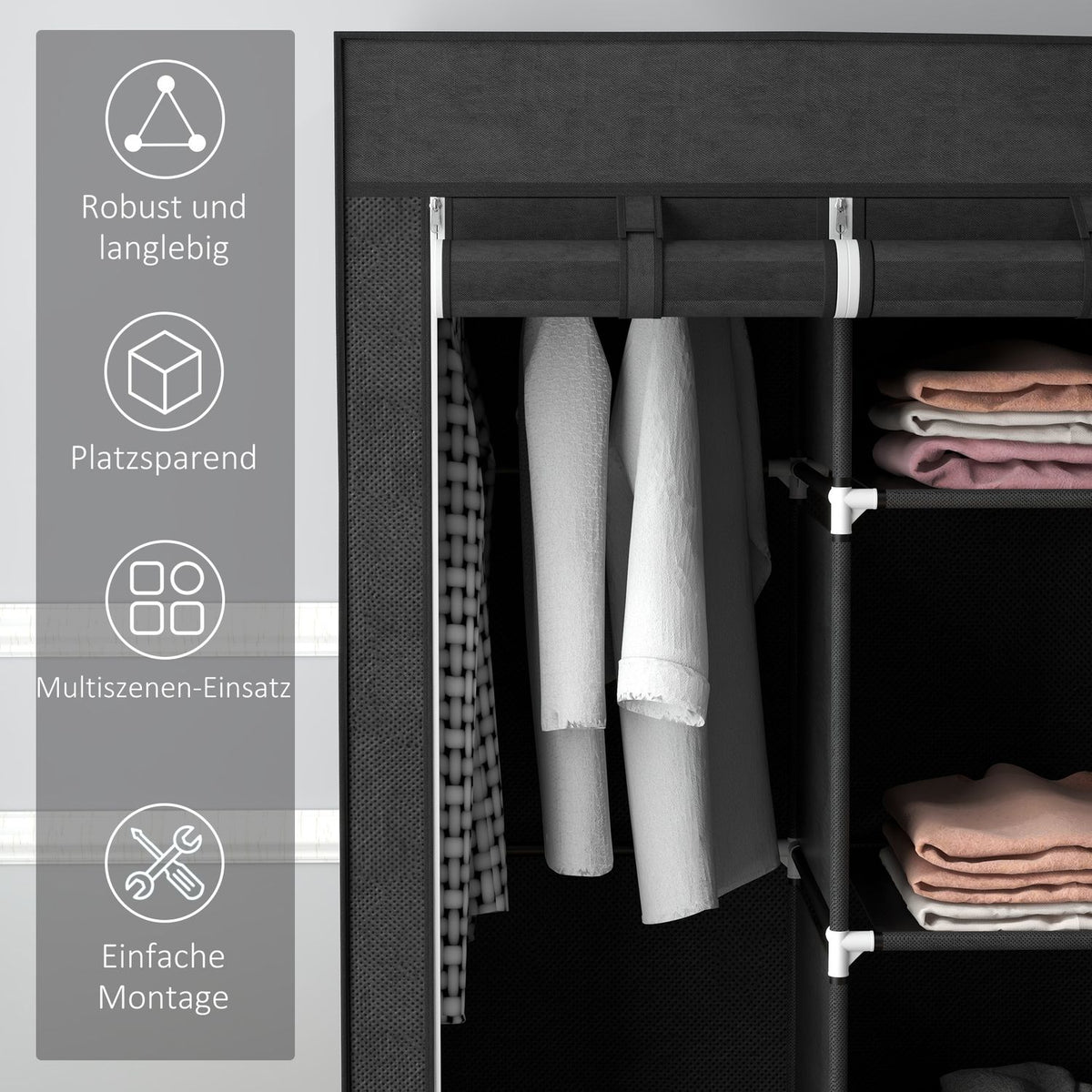 Fabric Closet Wardrobe With Clothes Rails And Drawers, Folding Cabinet, Zipper, Non-Woven Fabric, Black